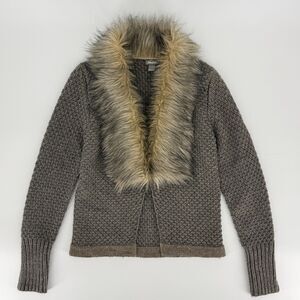 Neiman Marcus Faux Fur Collar Cardigan Sweater S Chunky Knit Cozy Luxe